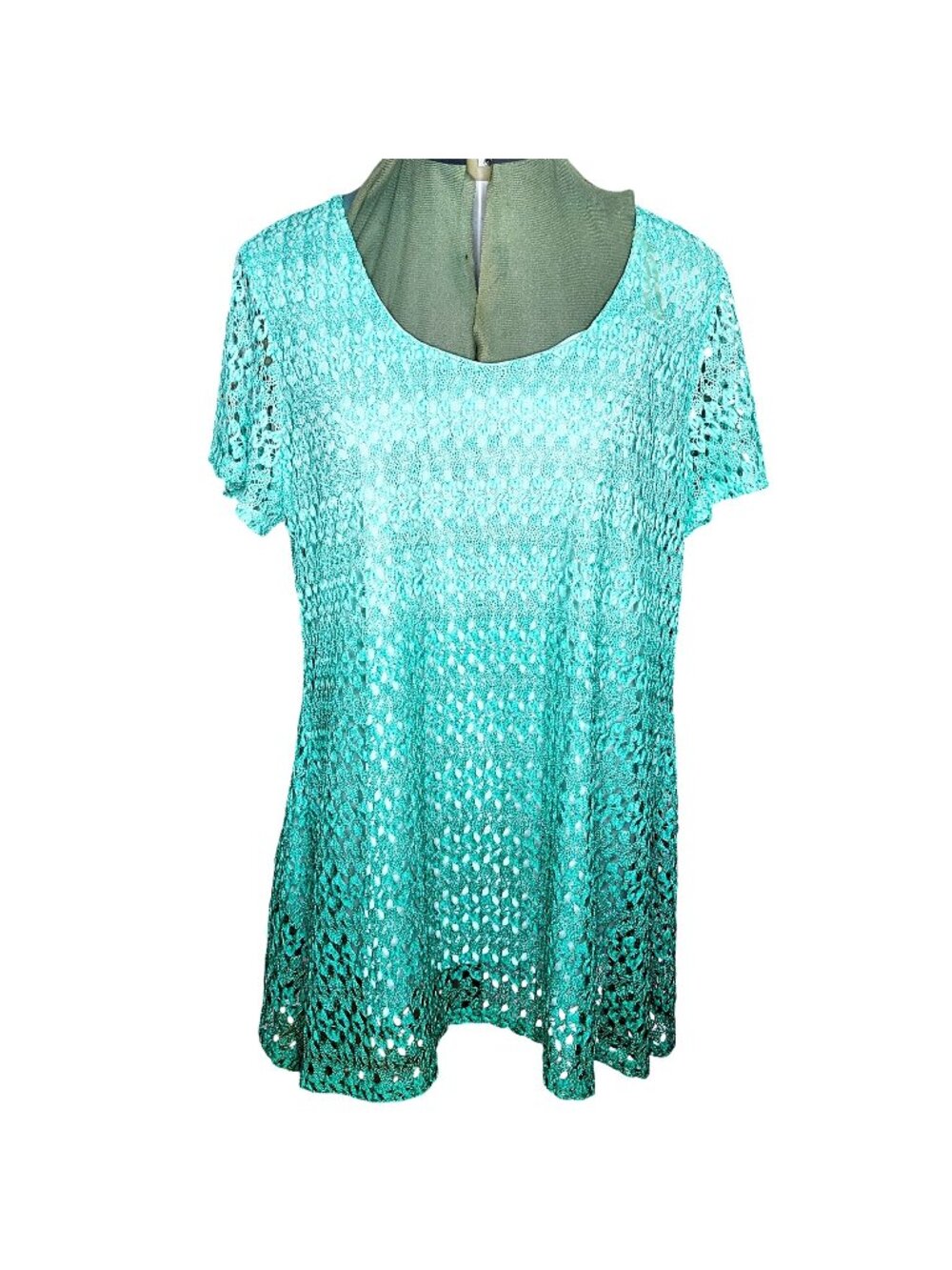 Woman's Elementz boho open knit aqua/teal ombre layered scoop neck tunic top XL